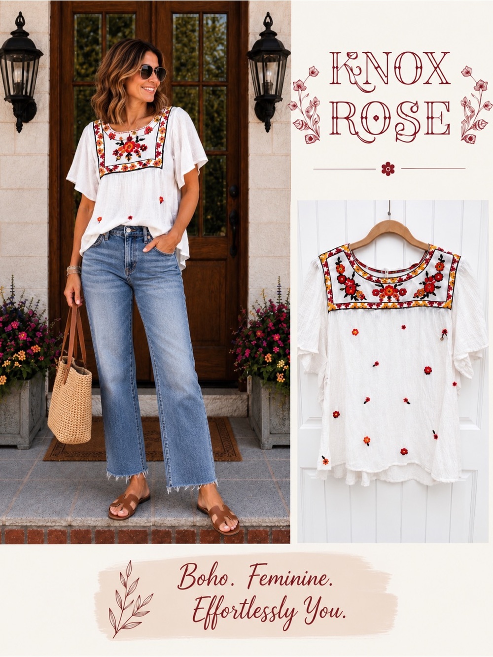 Knox Rose White Embroidered Boho Flutter Sleeve Top
